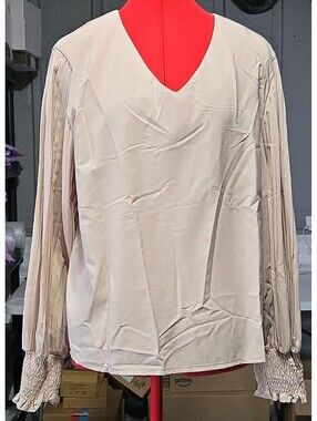 Women's Beige Solid V-Neck Pleated Long Sleeve Pullover Blouse Size XXL
